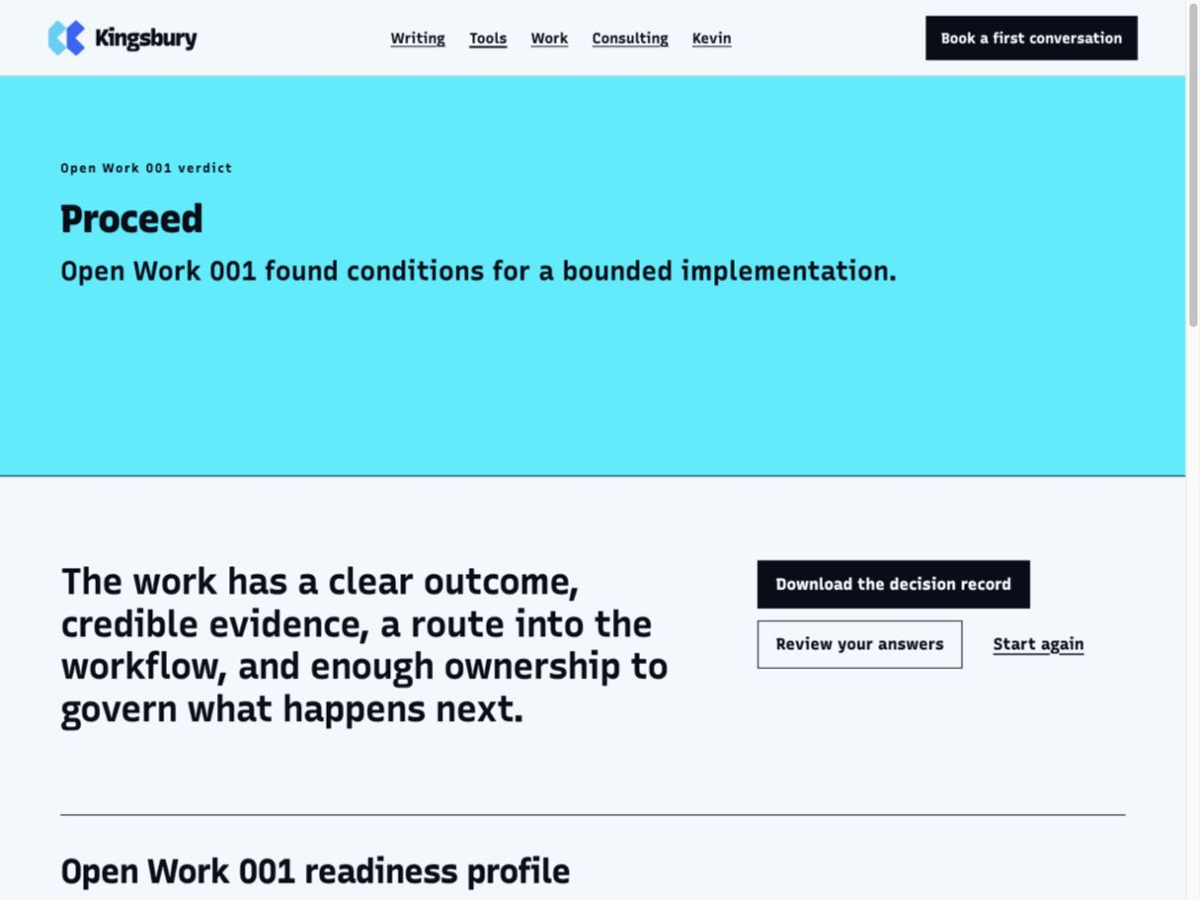 Open Work 001 verdict screen